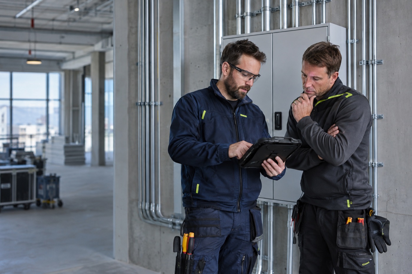 Electricians reviewing a tablet beside a commercial electrical installation